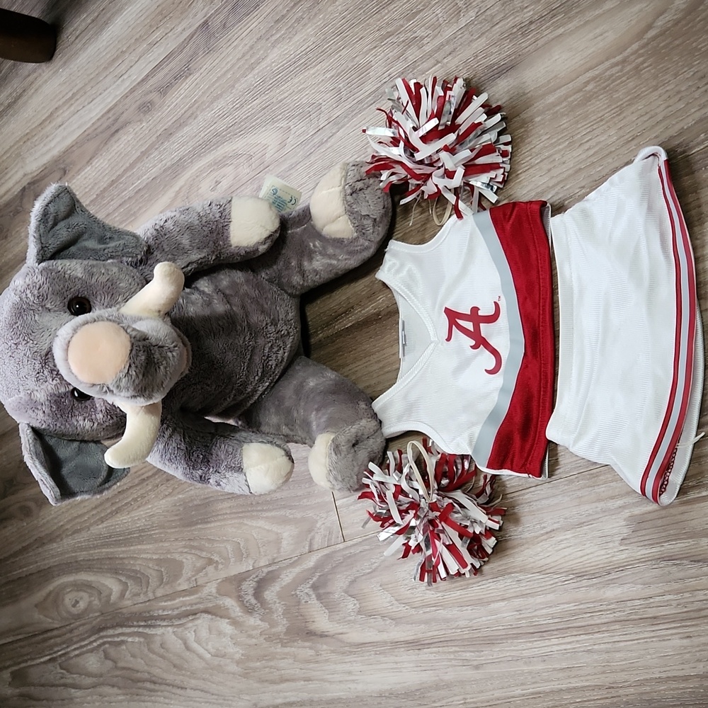 Alabama Crimson Tide Cheerleader Outfit & Pompoms On A Build-A-Bear Elephant